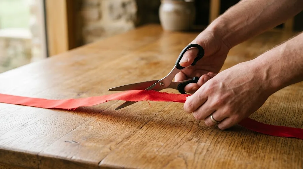 Hands cutting a red ribbon with scissors on a wooden table