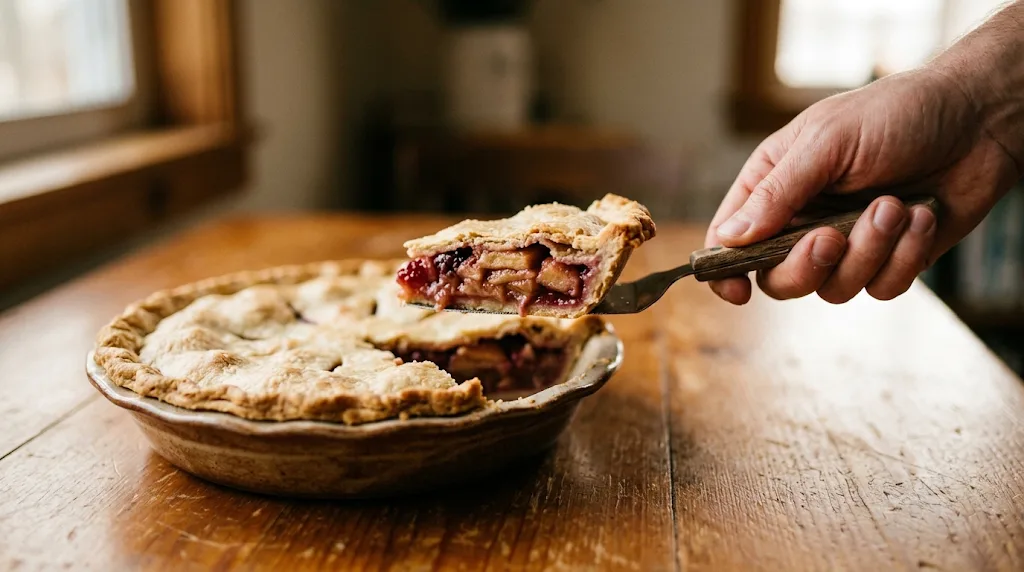 A hand lifting one slice of pie away from the whole pie on a wood table