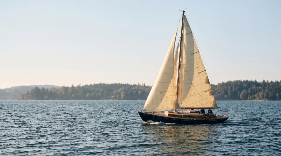 Sailboat with cream sails moving across a lake